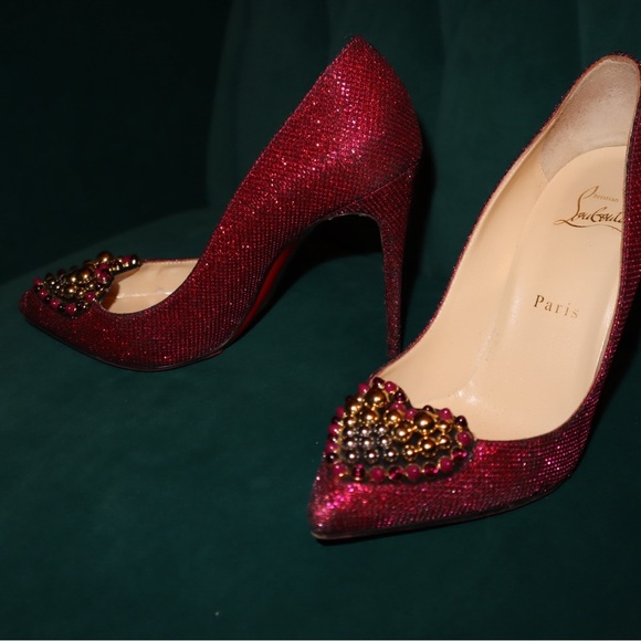 Christian Louboutin Shoes Pink Coralta Mia 100mm Glitter Studded Heart Point-toe - Picture 12 of 12